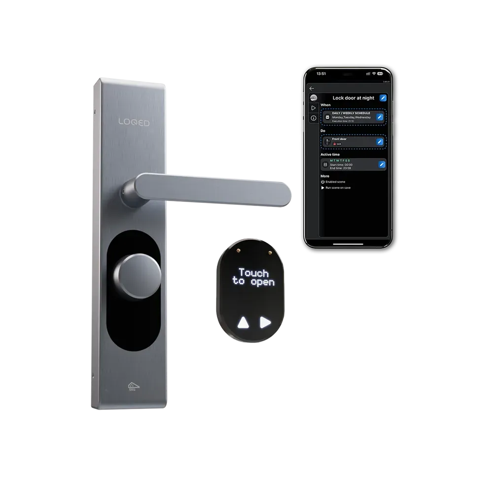 Garniture intérieure Loqed Touch en inox avec poignée et bouton, module tactile extérieur noir et application sur téléphone