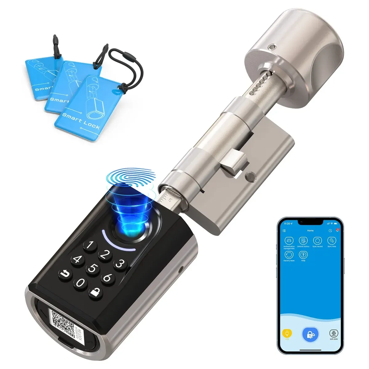 Cylindre connecté Welock ToucA51 en inox, bouton noir à lecteur d'empreinte et clavier, avec ses cartes RFID