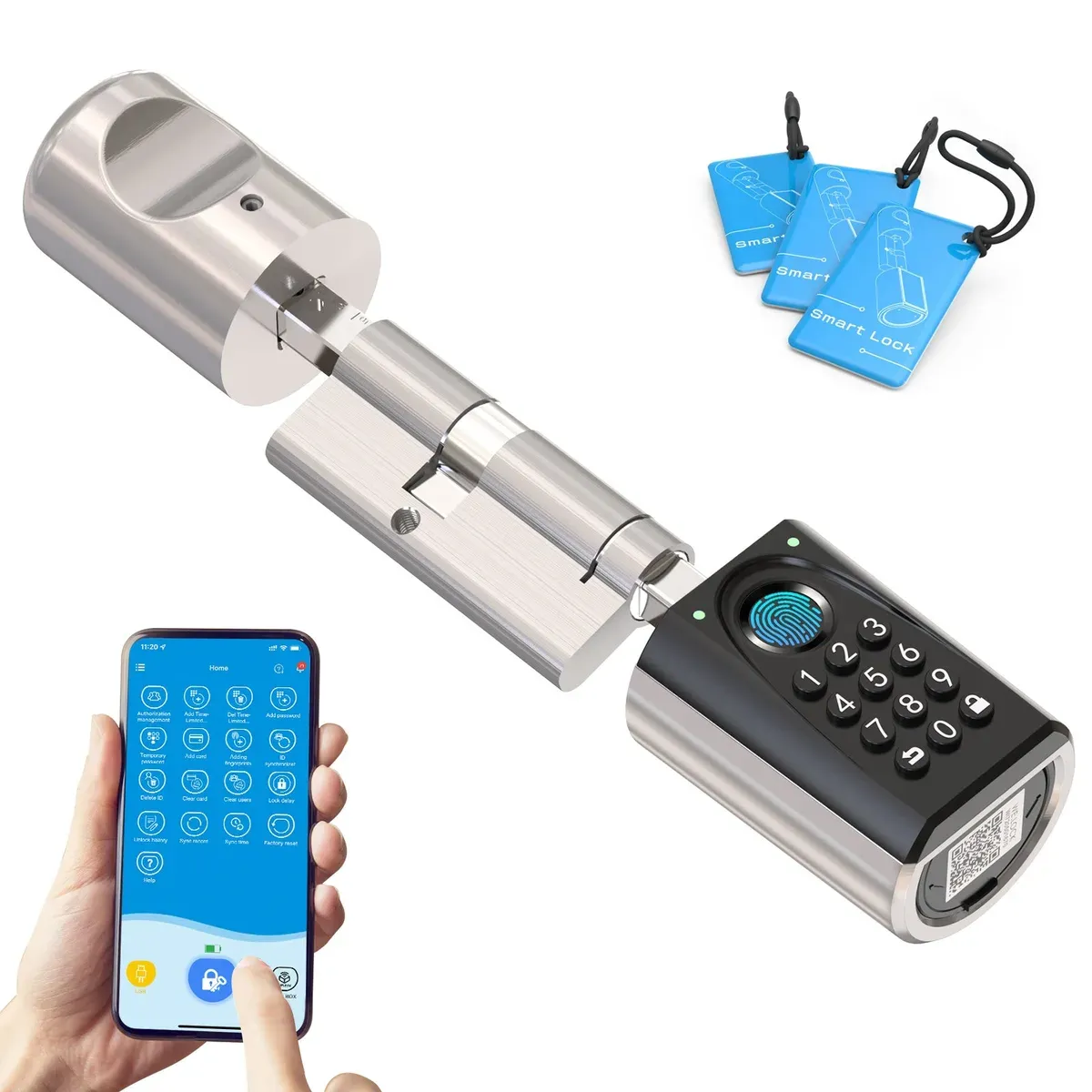 Cylindre connecté Welock ToucA51 Pro démonté, bouton extérieur à clavier et lecteur d'empreinte, avec trois badges RFID bleus