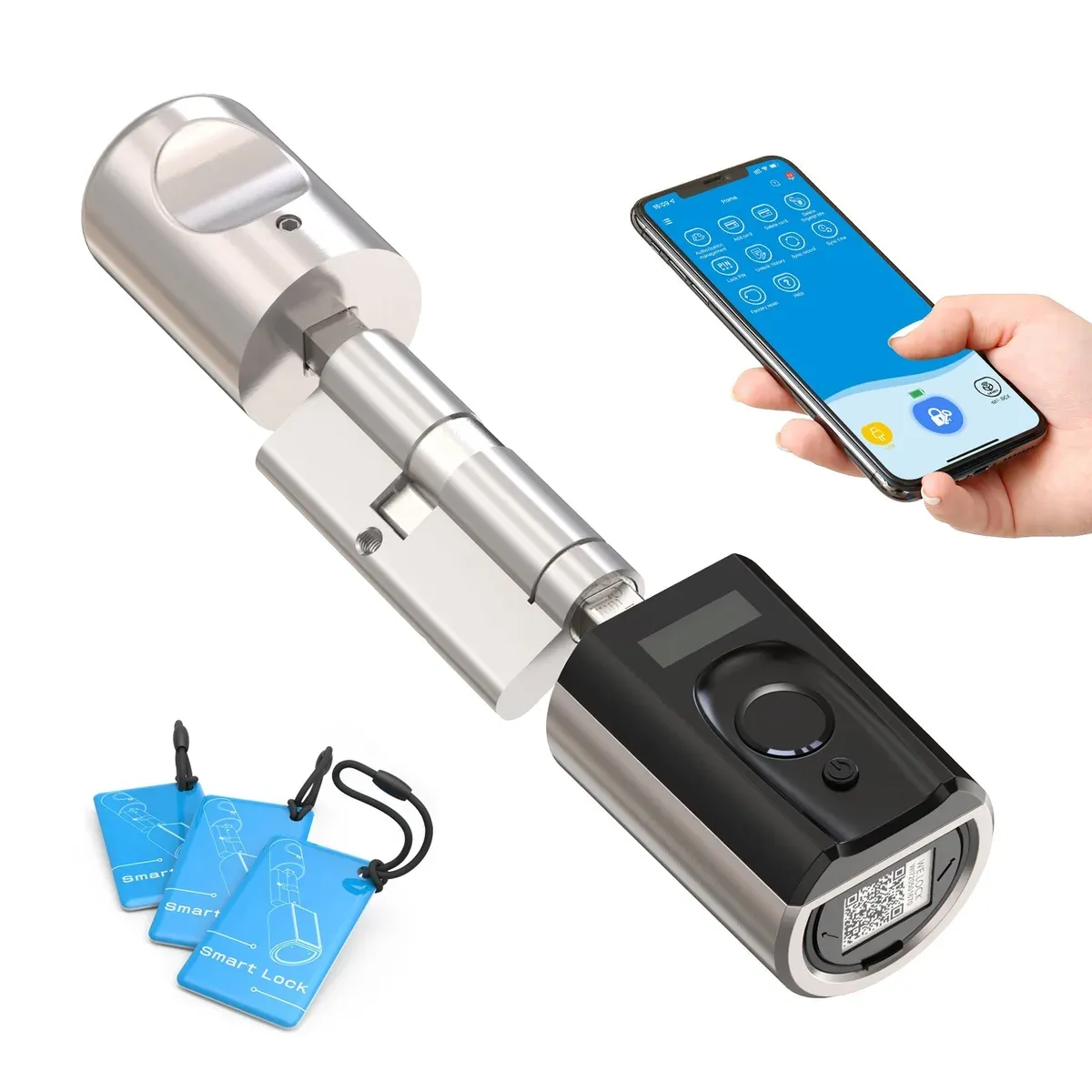 Cylindre Welock Touch41 argenté avec son lecteur d'empreinte, trois badges RFID bleus et l'application sur un téléphone